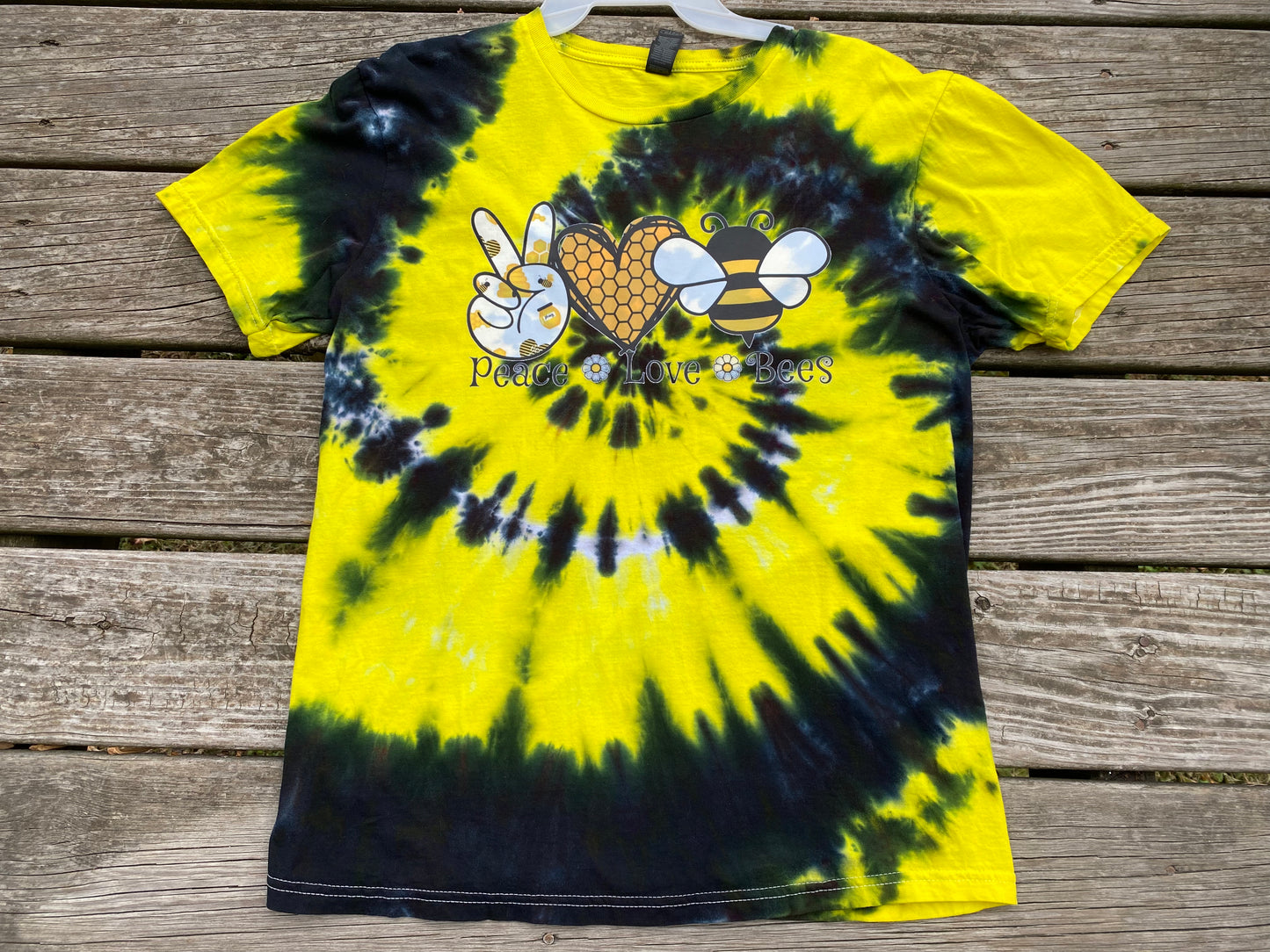 Medium softstyle Peace Love Bees Yellow and Black Spiral Shirt