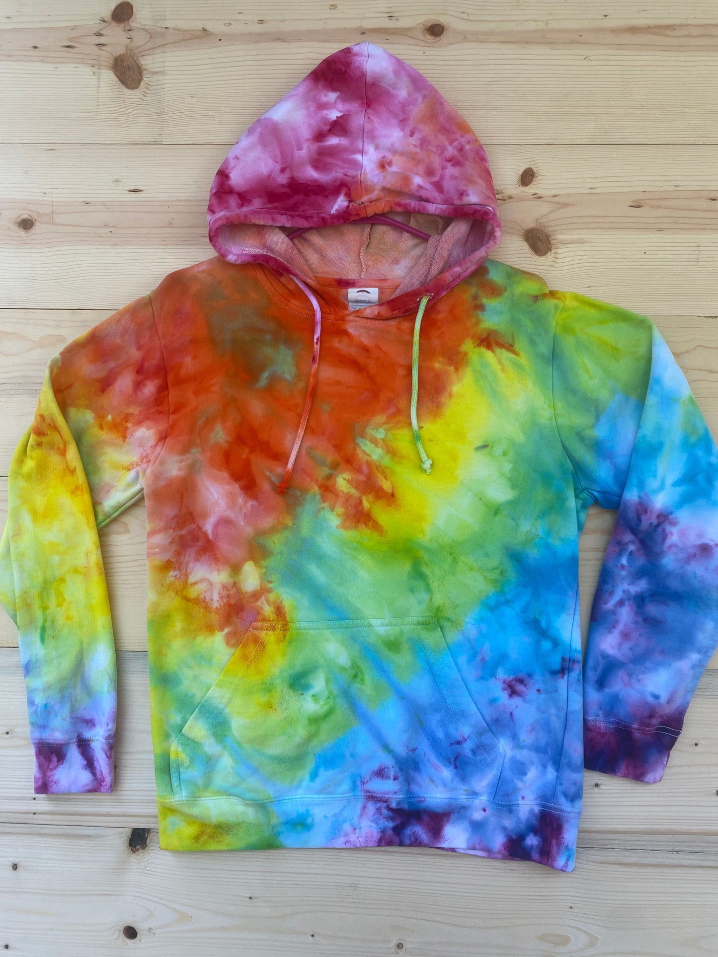 Adult Small Ice Dyed Bright Rainbow Scrunch Hoodie