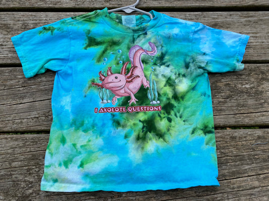 Delta brand 4t toddler T-shirt I axolotl questions blues and greens ice dye