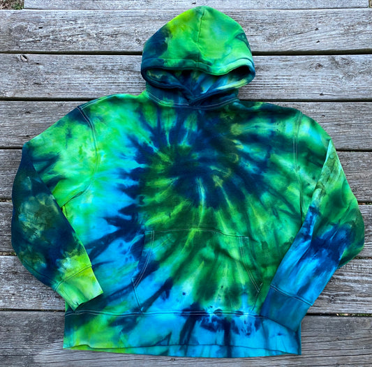 XXL unisex adult old navy hoodie midweight ice dye blues and greens spiral