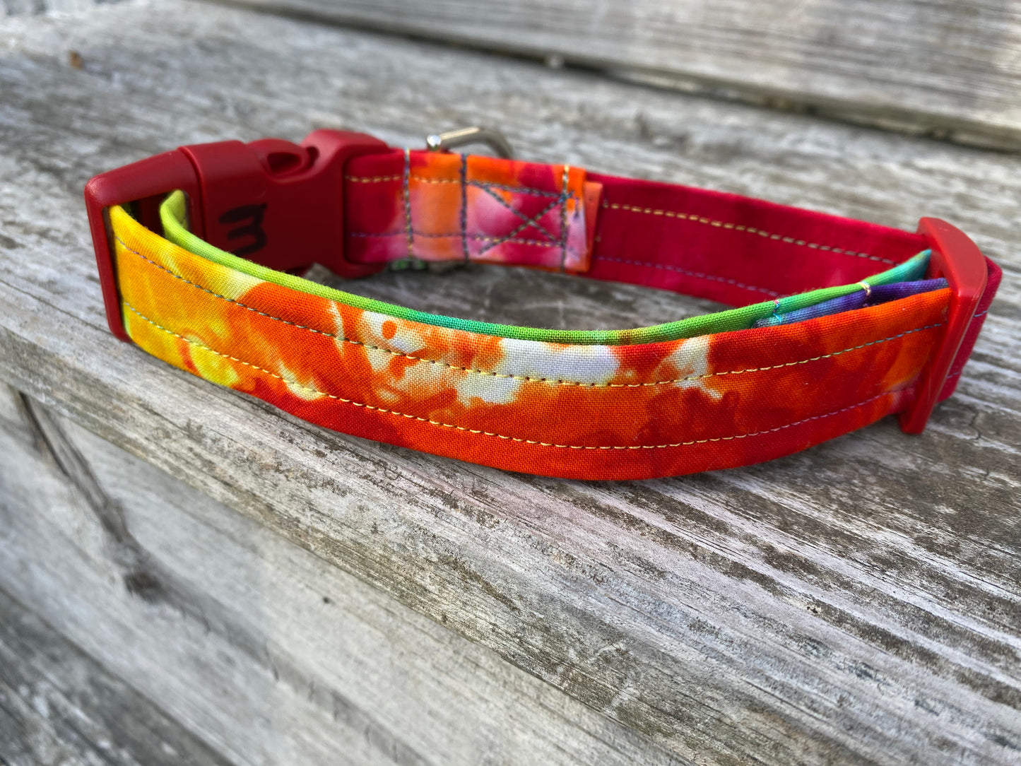 Medium dog collar handmade and dyed rainbow