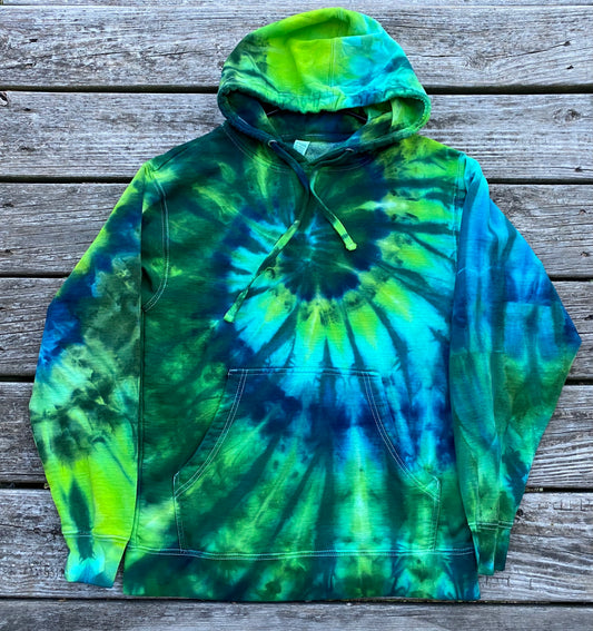 Small unisex adult hoodie midweight ice dye blues and greens spiral