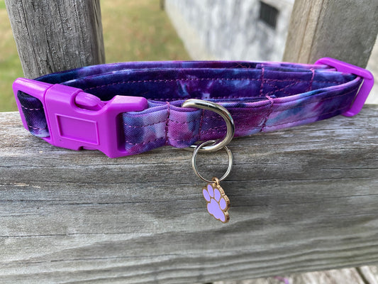 Small dog collar handmade and dyed purples blue galaxy