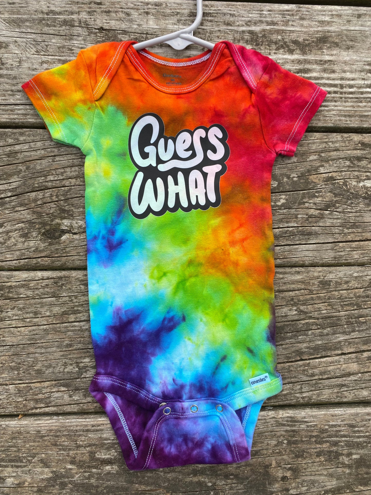 Guess what? Chicken Butt! Baby bodysuit ice dyed rainbow size 18 month