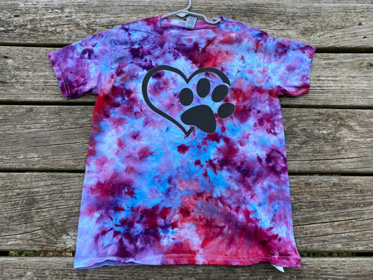 Gildan youth xs paw print heart purple and blues ice dyed