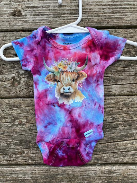 Highland cow adorable purple and blue newborn ice dyed bodysuit