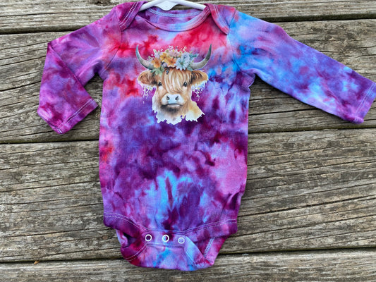 Highland cow adorable purple and blue 0-3 month ice dyed bodysuit long sleeve