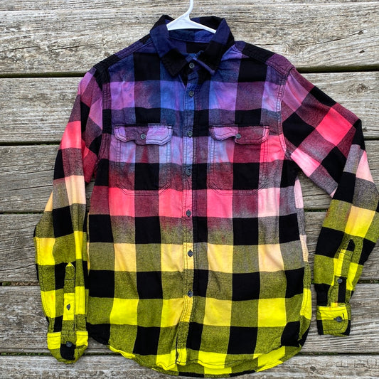 Small adult flannel sunset colorway blue purple pink reds oranges yellow