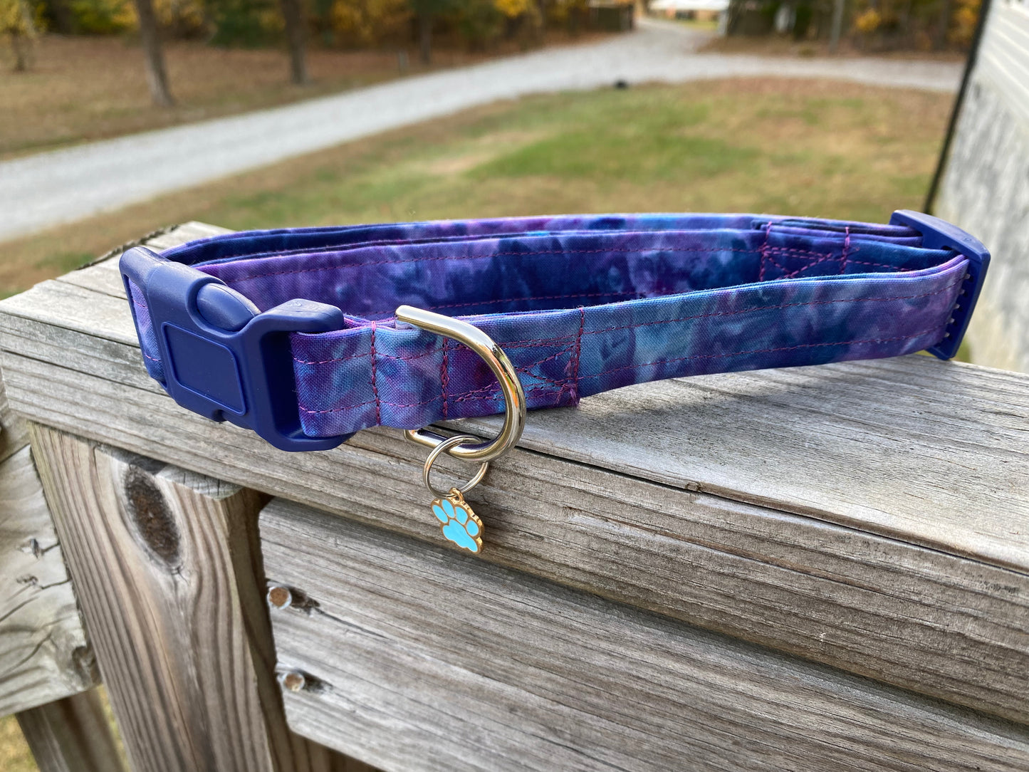 Large dog collar handmade and dyed purple blue pinks