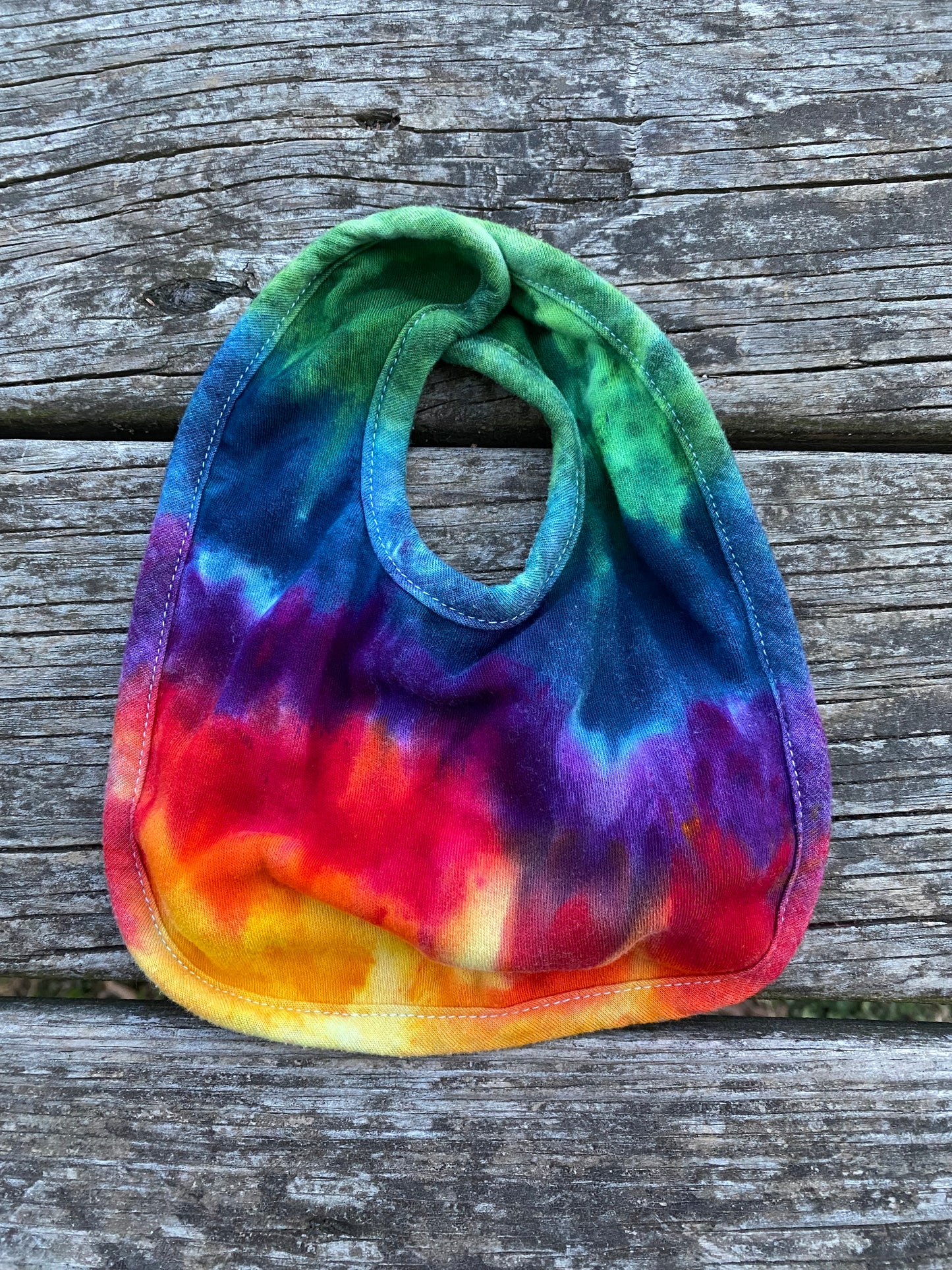 Ice dyed dark Rainbow Velcro baby bib