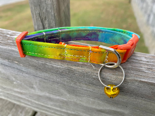 Cat collar handmade and dyed rainbow with bell and breakaway buckle