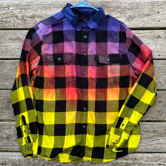 Large adult flannel sunset colorway blue purple pink reds oranges yellow
