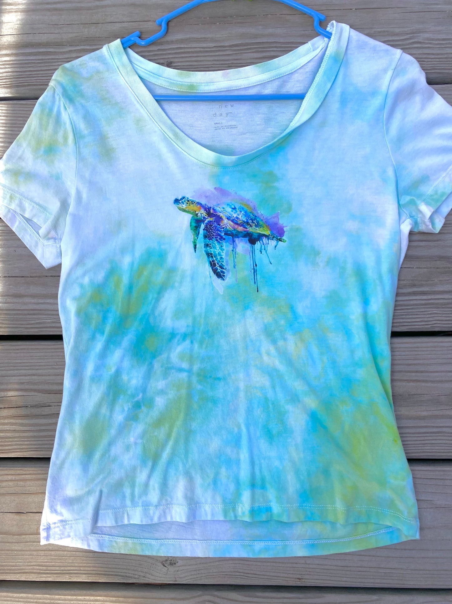 A new day small blue green teals sea turtle print women's shirt