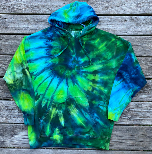 XL unisex adult hoodie midweight ice dye blues and greens spiral