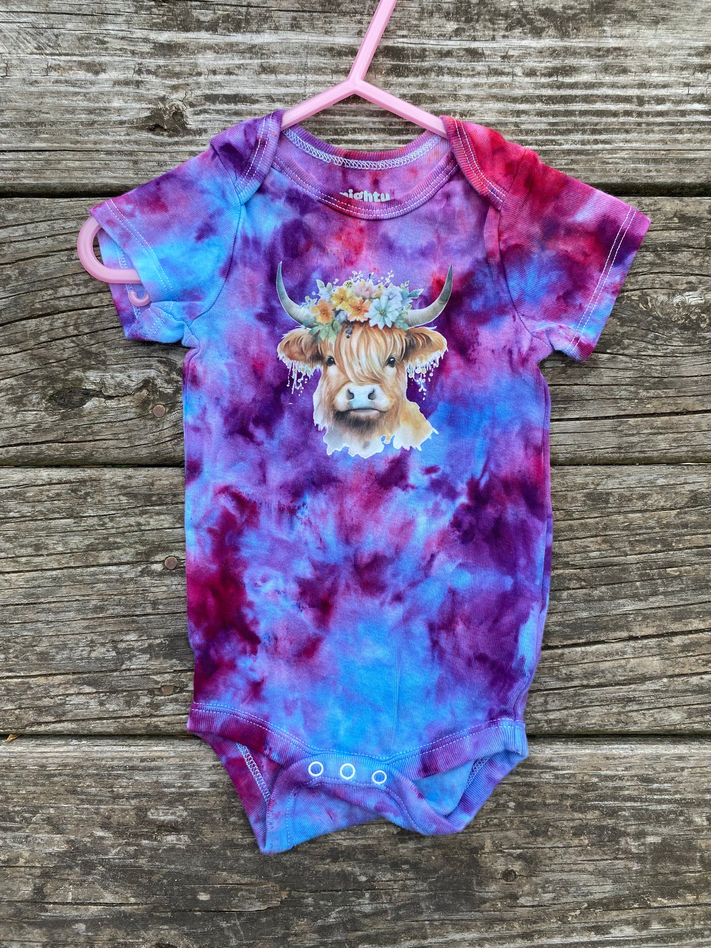 Purple blues ice dye highland cow baby bodysuit 6-9 month