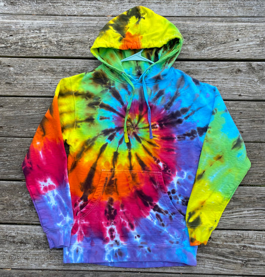 Adult small rainbow and black hoodie midweight liquid spiral