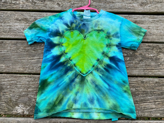 Delta brand size small (6t) T-shirt green and blue heart ice dyed