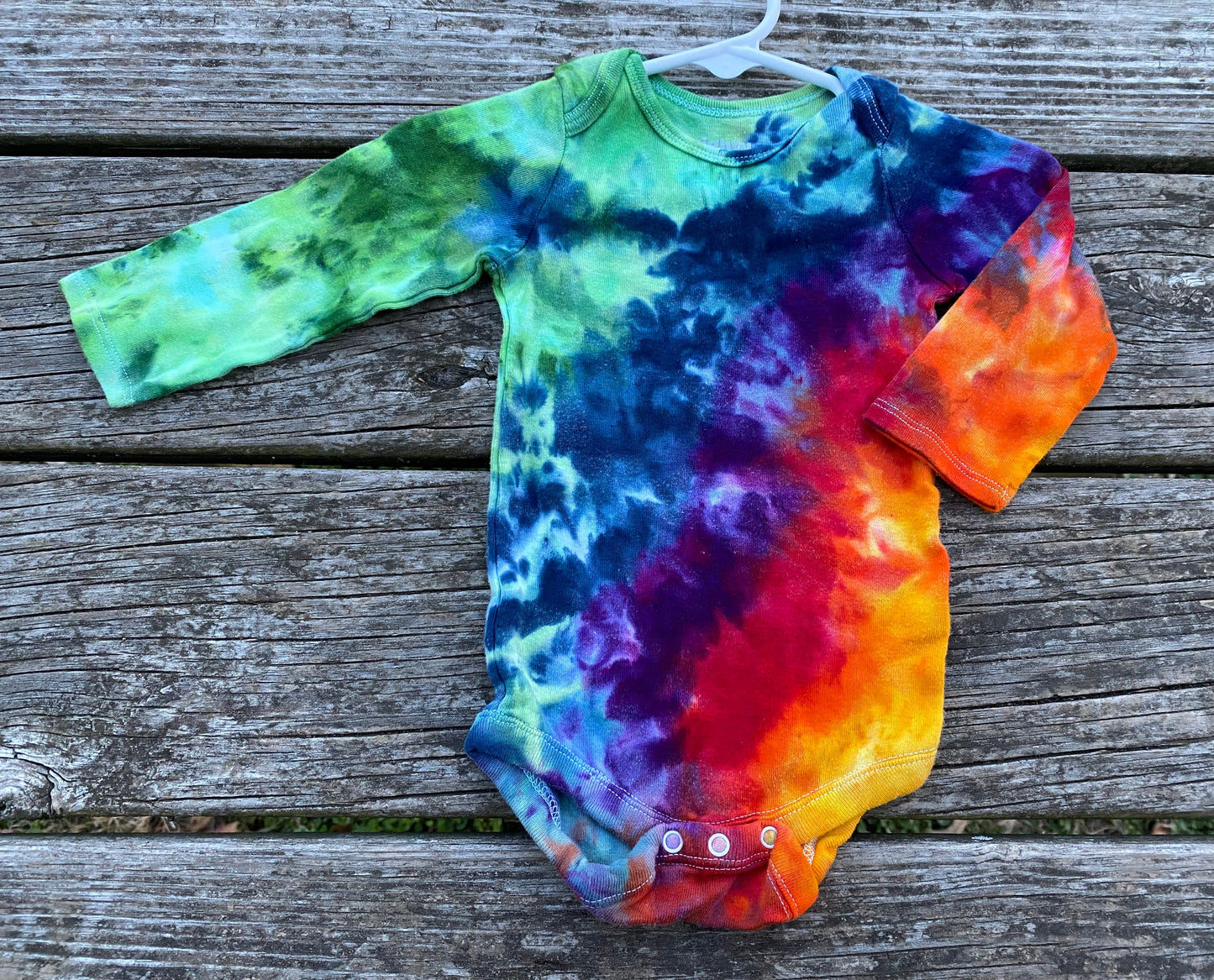 3-6 month baby bodysuit long sleeve dark rainbow ice dyed