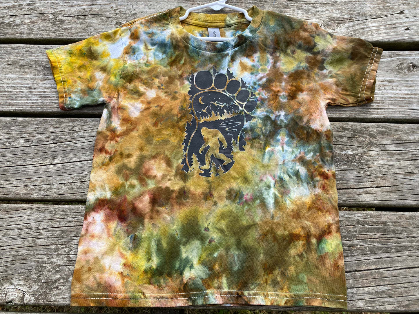 Gildan youth xs bigfoot sasquatch camo woodland inspired ice dyed shirt