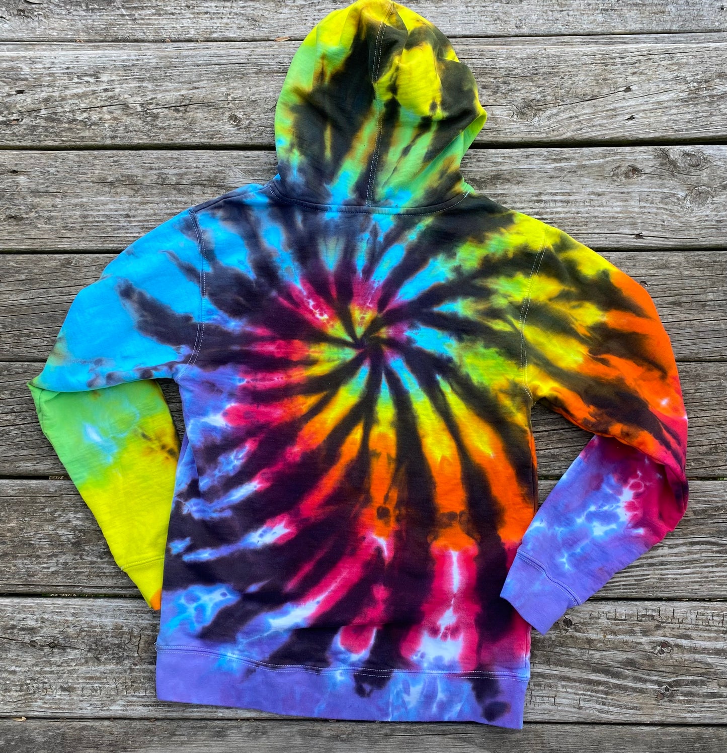 Adult small rainbow and black hoodie midweight liquid spiral