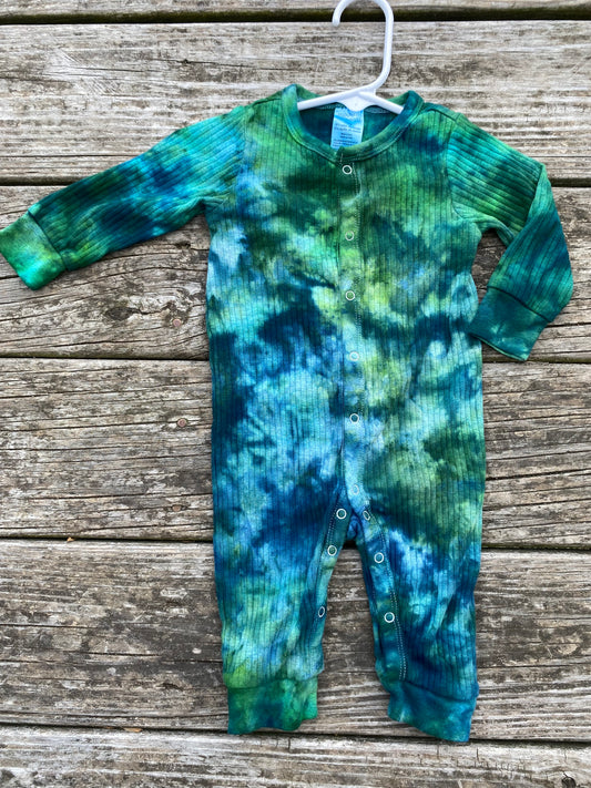 3-6 month ribbed knit baby romper green and blue ice dye