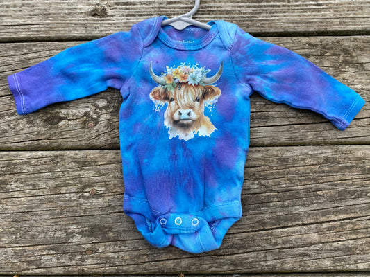 Highland cow adorable purple and blue newborn liquid spiral bodysuit long sleeve