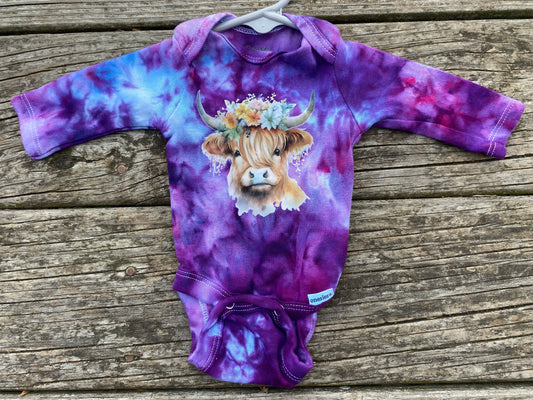 Highland cow adorable purple and blue newborn ice dyed bodysuit long sleeve