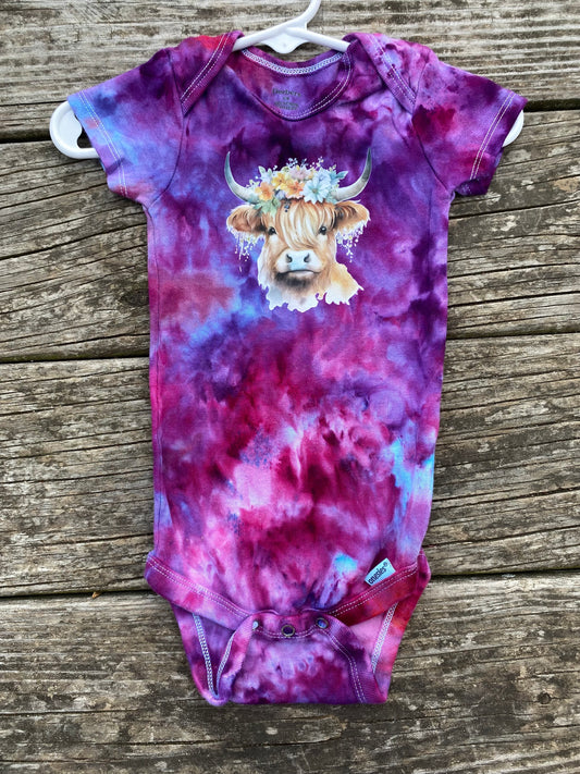 Highland cow adorable purple and blue 12 month ice dyed bodysuit