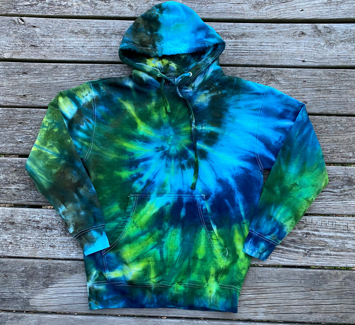 Medium unisex adult hoodie midweight ice dye blues and greens spiral