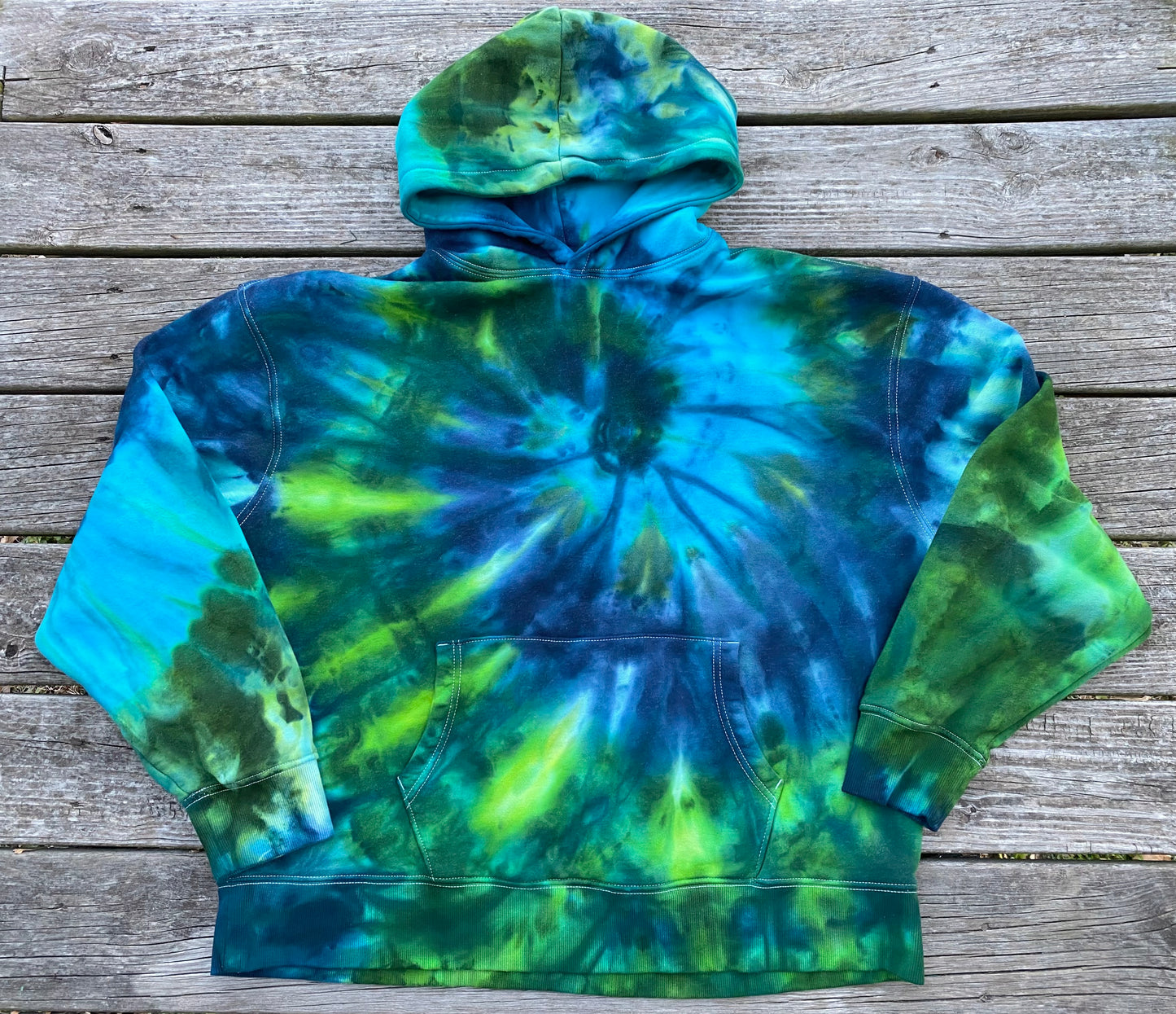 XXXL old navy brand unisex mid-weight hoodie blue greens ice dye spiral