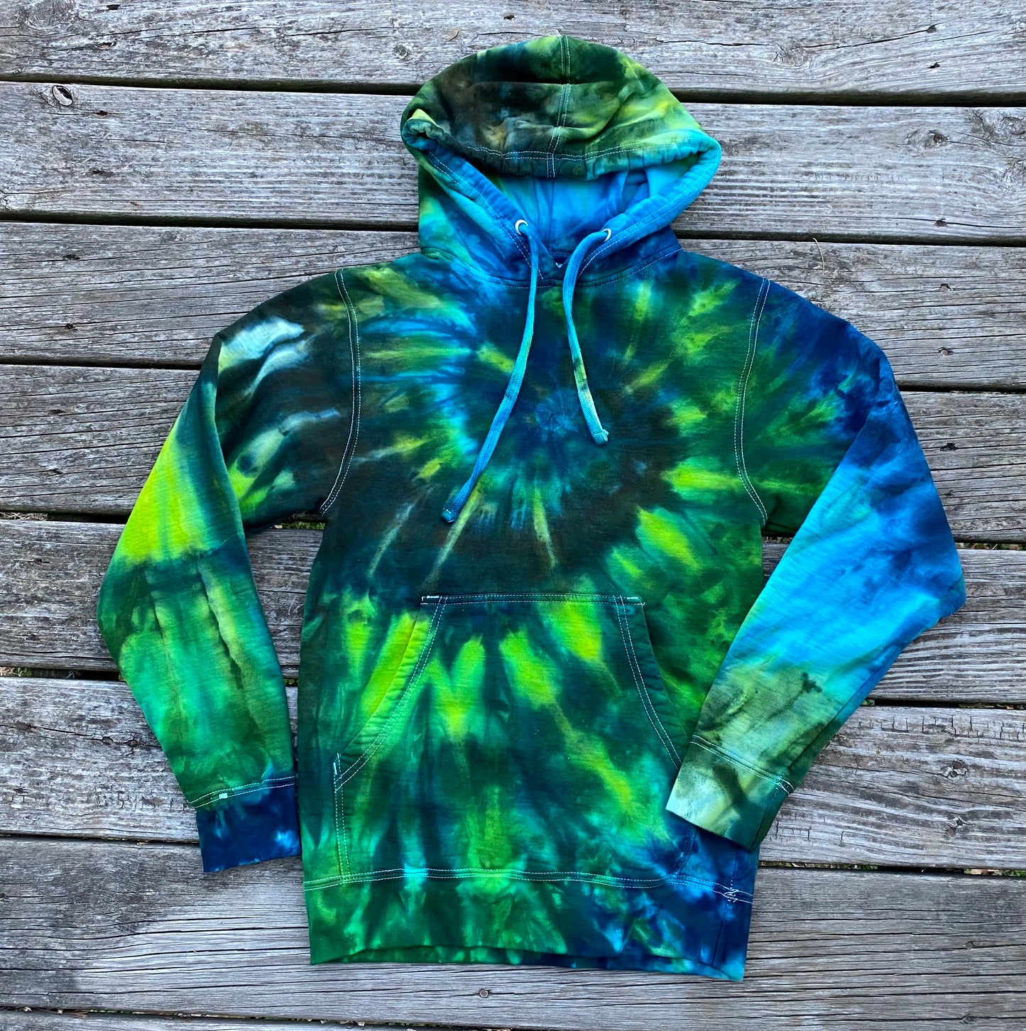 XS unisex adult hoodie midweight ice dye blues and greens spiral