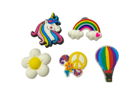 Fun Shoe Charm 5 Pack Peace Rainbow Hot Air Balloon Unicorn Themed