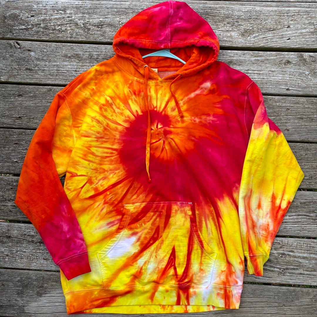 Midweight adult hoodie 2XL ice dyed yellow orange pink