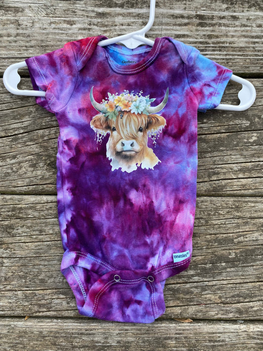 Highland cow adorable purple and blue 0-3 month ice dyed bodysuit